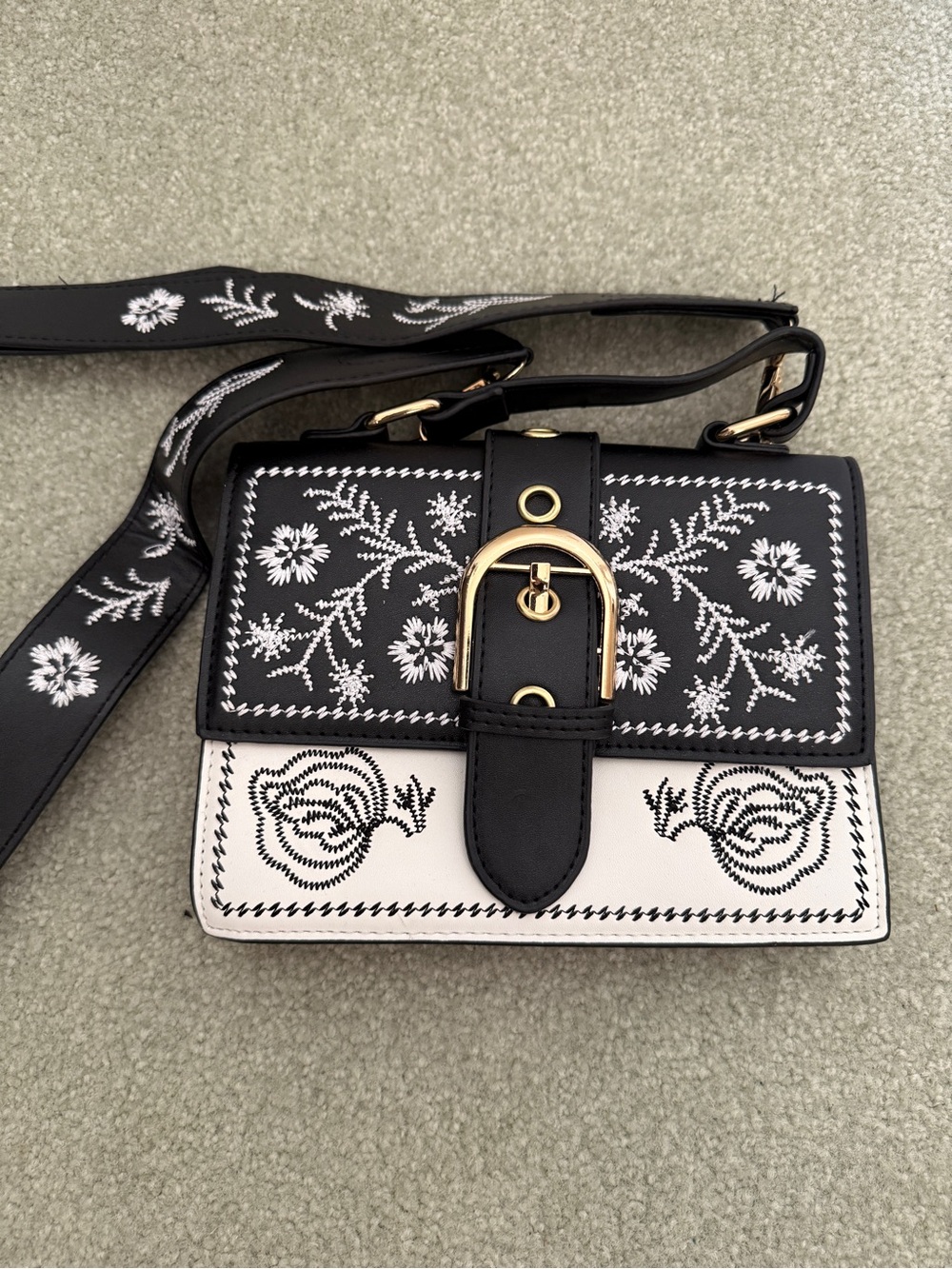 Embroidered Black & White Crossbody Bag with Gold Buckle